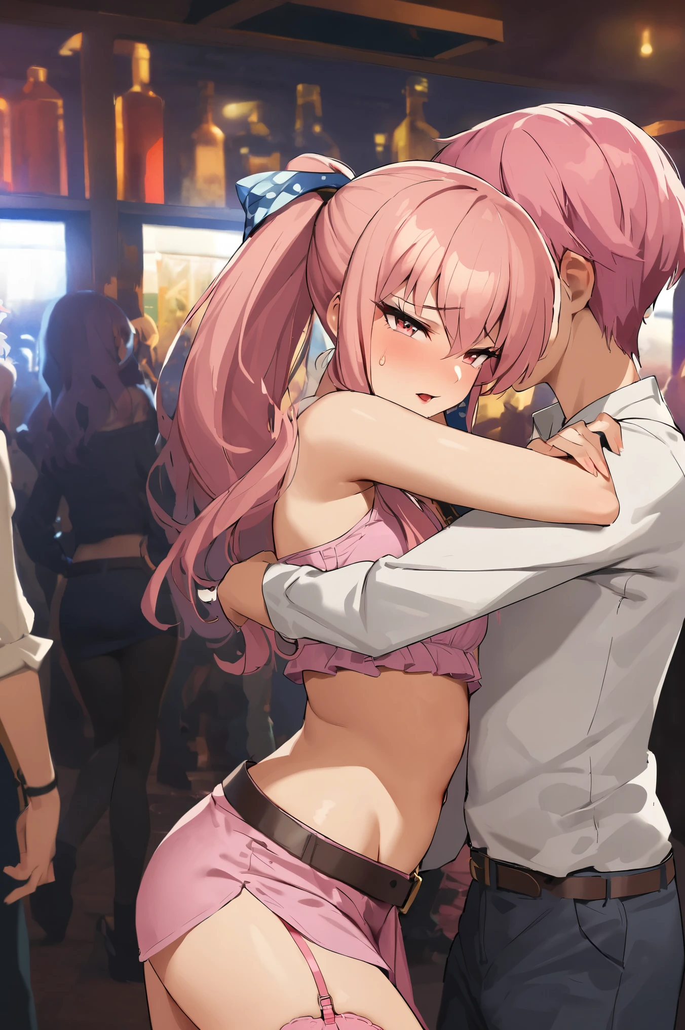 NSFW,masterpiece,Best Quality, high definition, very detailed,Louise Françoise Le Brun de La Valliere \(The Familiar of Zero\),Pink Eyes、Pink Hair,Long Hair, ponytail, hair between eyes ,Small breasts, Off Shoulder Shirts , crop top, miniskirt,belt, Garter Straps ,Nightlife, lustful face, Love Drops , Hug 