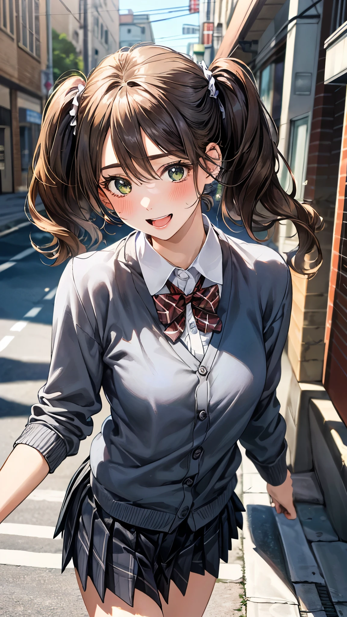 ((Highest quality, High resolution, masterpiece, detailed)),
View your audience, Cowboy Shot, Written boundary depth, Anatomically correct, １people, female, Perfect Face, Cute and symmetrical face, Shiny skin,
(Medium Hair, Blonde), Chestnut brown eyes, Long eyelashes, (Large Breasts:0.8),
Beautiful details, Beautiful Hair, Beautiful Face, Beautiful clavicle, Beautiful body, Beautiful breasts, Beautiful thighs, Beautiful feet,
(Collared shirt, Navy blue short pleated skirt, Red bow tie, necklace),
(Beautiful views), evening, walk, Tree-lined street, (smile, Naughty face), Skirt Lift,