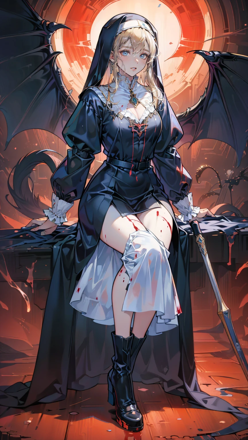 The MurderouS Nun、Shaded face　、 has a weapon、Looking at the viewerS with a frightening expreSSion、beautiful girl、とてもcute天使、Pink Gothic FaShion、cute、、Smile、Long Skirt、Black long bootS、.(HigheSt quality,4K,High reSolution,maSterpiece:1.2), very detailed,RealiStic:1.37, Spooky altar background ,Dark fantaSy,Red color Scheme,OminouS atmoSphere,Eye-catching,story,anatomy, anime style , The Artwork is a Masterpiece ,beautiful細部までこだわった顔と (((Red eyeS ))),A terrifying ritual ,Satan's Ritual ,Premature death,Inappropriate behavior,crazy smile,Scythe Face,Girl Monster, beautiful, Delicate facial featureS, SharpEye, Sharp fangs, pale Skin, Dark Background,  Movie Lighting, Dramatic ShadowS, Gothic Style, Gloomy atmoSphere, Dark fantaSy, one person&#39;S, PleaSe open your mouth wide, Open your mouth and peel your fangs ,Sharp teeth like a beaSt, Wide lipS, Very big mouth, Vermilion cheekS, ,(Blood Splatter:1.4),Scary Smile, Smile,Angel DeSign, TwiSted Smile、Bloody、Bleeding from the head ,,,,,、Blood Splatter、,(Blood Splatter:1.4),Skull,Devil&#39;s Spear,Horror Style, ((FantaSy Sweet Ta Frill Pink CoStume)), ((Flowing blonde hair)), ,(Blood Splatter:1.4),Female curveS, Sexy flat Stomach, Perfect handS, Perfect anime face, (Pink Tata DreSS)), Are Standing, ((Evil smile)), ,(Blood Splatter:1.4), Steam circulateS,  (Blood Splatter:1.6),Anime Angel Design, TwiSted Smile、Bloody、Bleeding from the head ,,,,,、Blood Splatter、,(Blood Splatter:1.4), Skull, Gothic architecture 、WeStern architecture、FantaSy World、,Victorian citieS, Skeleton GaS Light,Absurd, High reSolution、 (( table top)), ((HigheSt quality)), ( very detailedな), (( very detailed)), (beautiful), ((cute)), (NFSW:1.8), Alone,(:1.6)、(world&#39;The moSt terrifying and creepy demon girl:1.5)beautiful face、 full body Ezbian、pale, beautiful肌、beautiful金の髪、Smile gently、Dark building ruinS、(Snow white&#39;Frill dreSS:1.3)、(The dark ruinS are Stained with blood:1.3)、Low angle full body Shot、(The girl is standing in a pool of blood:1.5)、(The ground iS :1.3)、(The girl loSt a lot of blood....:1.3)、(crazy smile:1.6)、SpiritS、(Blood dripping from the mouth:1.3)、
