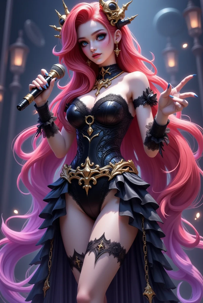 (best quality,4k,8k,highres,masterpiece:1.2),ultra-detailed,(realistic,photorealistic,photo-realistic:1.37),a beautiful female mage from league of legends with piercing blue eyes, thick voluminous red hair, a small skull headdress, professional costume design, video game character skin design, perfect body, holding a microphone, gothic art, gothic dress, black fluffy tulle, black lace, death inspired fashion and makeup, black, red, gold