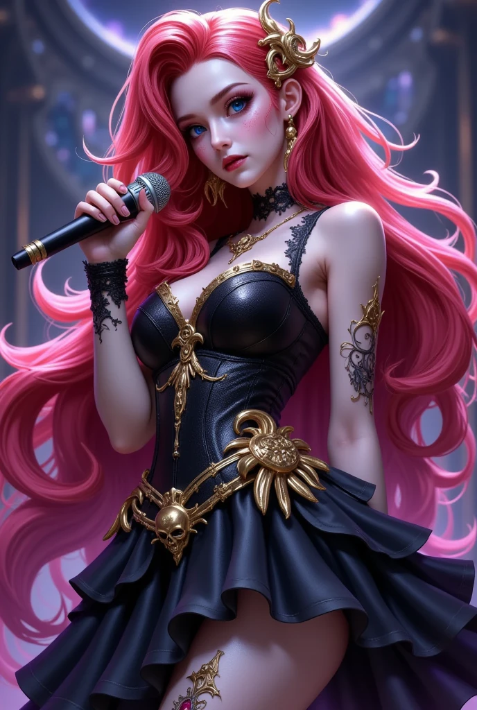 (best quality,4k,8k,highres,masterpiece:1.2),ultra-detailed,(realistic,photorealistic,photo-realistic:1.37),a beautiful female mage from league of legends with piercing blue eyes, thick voluminous red hair, a small skull headdress, professional costume design, video game character skin design, perfect body, holding a microphone, gothic art, gothic dress, black fluffy tulle, black lace, death inspired fashion and makeup, black, red, gold