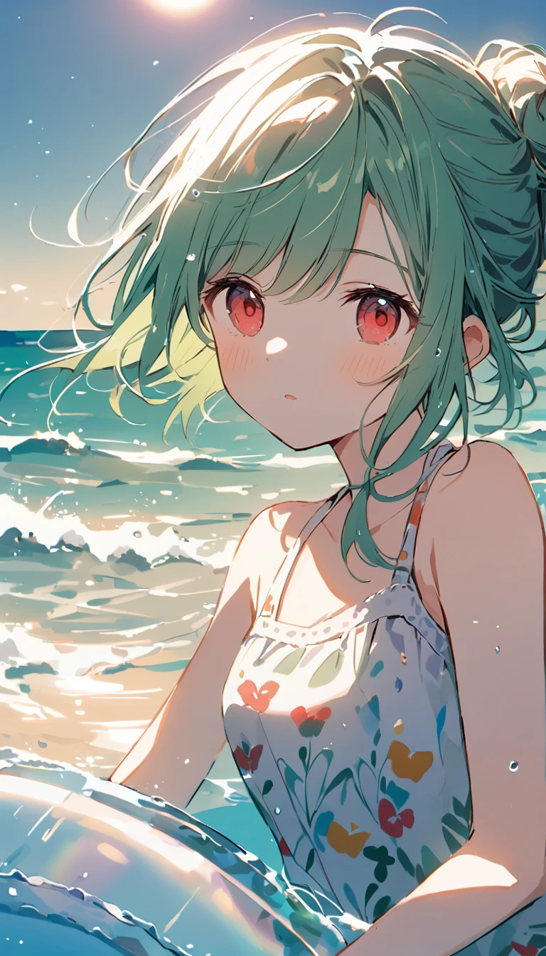 (((Young Girl)))、(( 1 girl)),( Red Eyes),（Short stature）,(Slanted Eyes),(( emerald green hair ))、( bun hair)、Young appearance、(( swimsuit))、In the water、One side of the sea、(((Girl ride on the innertube)))、Vector art、spirit of the wind、Backlight、Bright in backlight、Sun behind、Summer sky、cumulonimbus、Narrowed eyes and a happy look、cheek、The waves splash and the water shines beautifully.