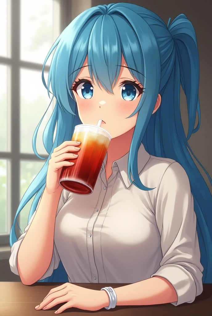 Profile of a woman with mullet hairstyle、Blue Hair、Green Eyes、Loose-fitting clothing、Holding a bourbon glass、anime、Masterpiece、Adult atmosphere、Classic、