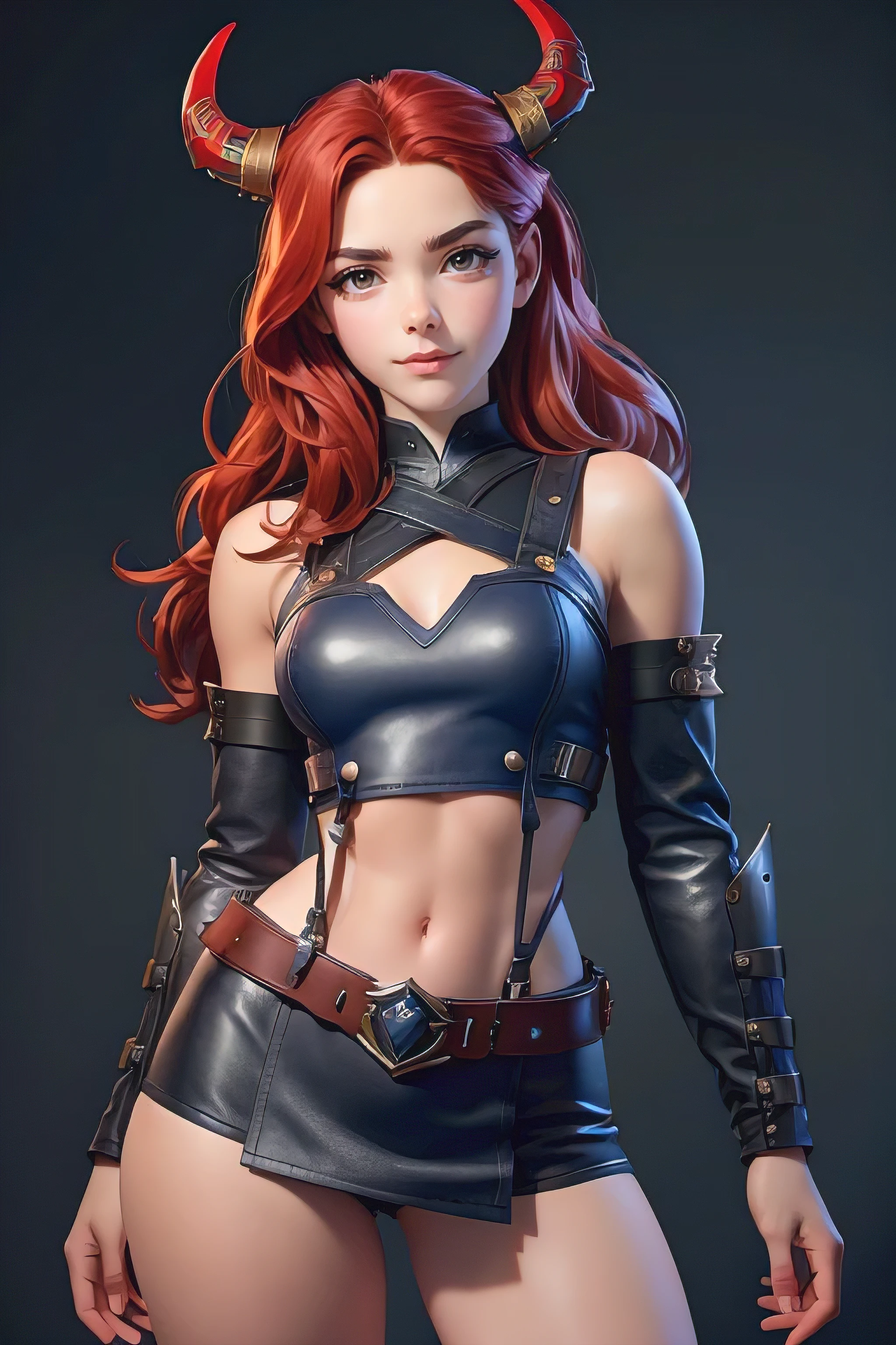  photorealistic image  ((master part)), (( High quality)) UHD 8K, of a beautiful girl with horns, Viking warrior, slender, (medium chest), (thin waist), ( long red hair ), (deep blue eyes) , red skin,(Leather armor with a short skirt and intricate details, Multiple waist belts), ((skin cover)), (in combat position, em um navio viking), natural lighting, professional DSLR camera