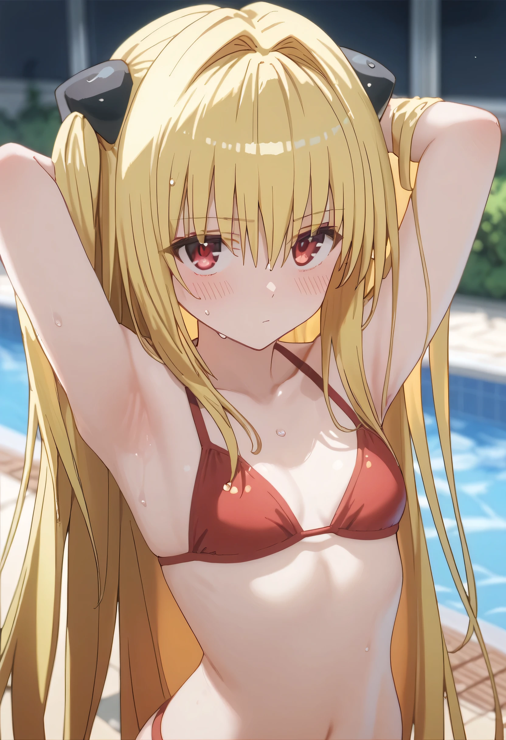 score_9,score_8_up,score_7_up,solo,looking at viewer,blush,Konjiki no Yami,very long hair,blonde hair,two side up,hair intakes,hair between eyes,bangs,red eyes,small breasts,bikini, red bikini, wet, pool, blush,arms up