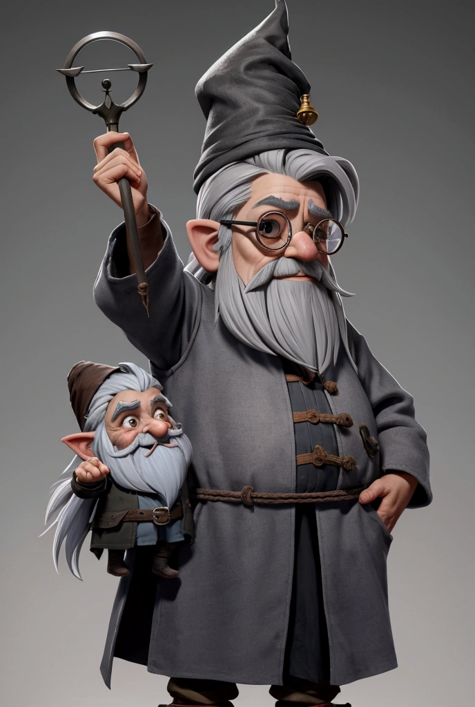 Old gnome ,  with hair on the sides and stripped on the top,  isa monocle , gray hair color,  pointed and slightly long goat 