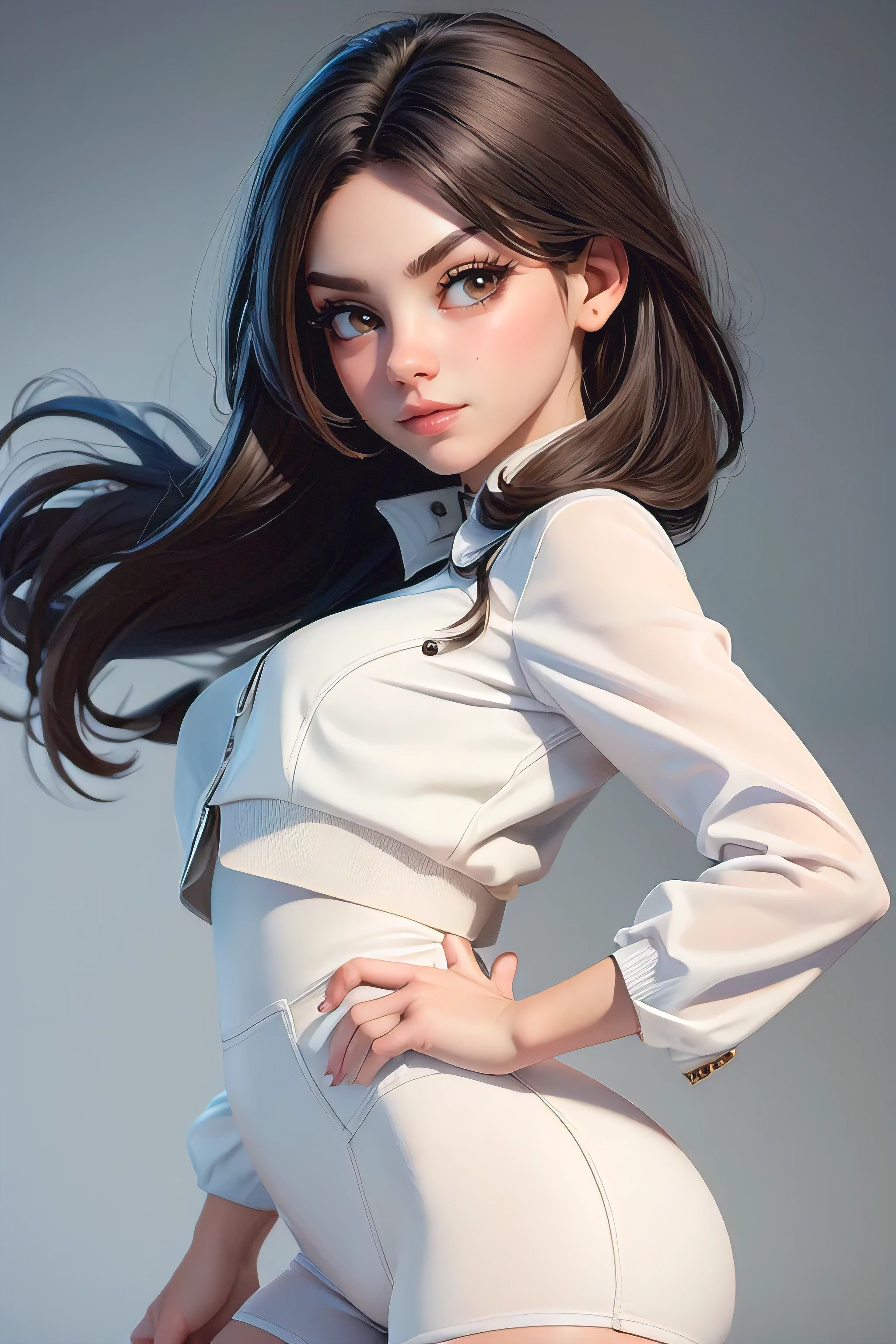 Obra de arte,  better quality, High resolution, ela1 , ( Hair over the eyes:1.1), divided ponytail, clothing clipping, toys, jewelry, mini skirt, white skirt, Tights, white jacket, long sleeves, tiro de vaquero, standing,