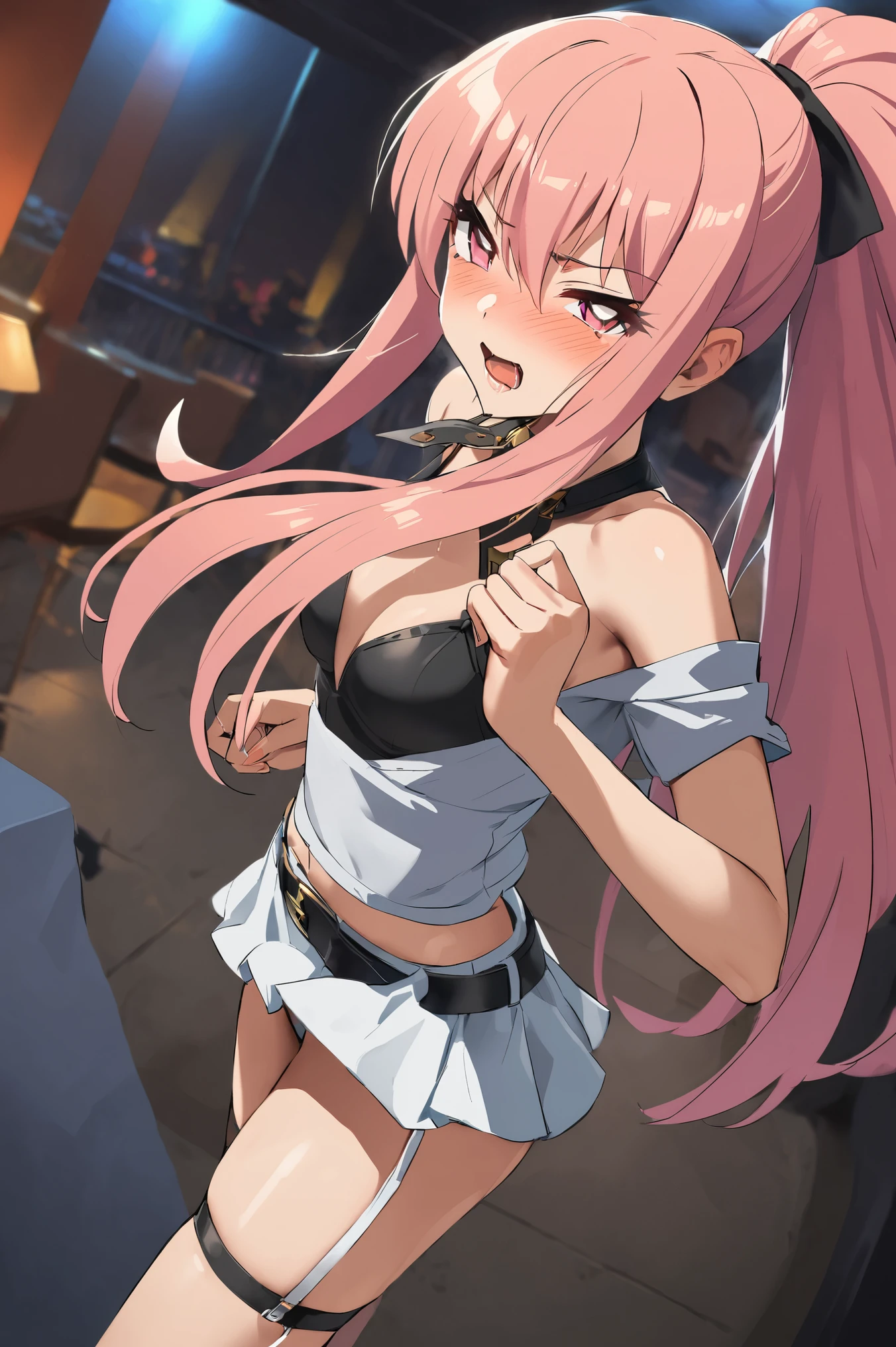 NSFW,masterpiece,Best Quality, high definition, very detailed,Louise Françoise Le Brun de La Valliere \(The Familiar of Zero\),Pink Eyes、Pink Hair,Long Hair, ponytail, hair between eyes ,Small breasts, Off Shoulder Shirts , crop top, miniskirt,belt, Garter Straps ,Nightlife, lustful face, Love Drops , by force ,rape,rape