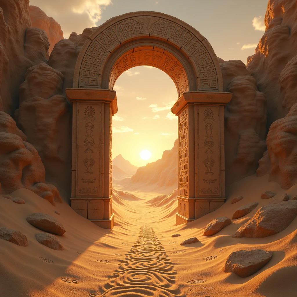 Arch with steps. There are large stones nearby, Glowing hieroglyphs
