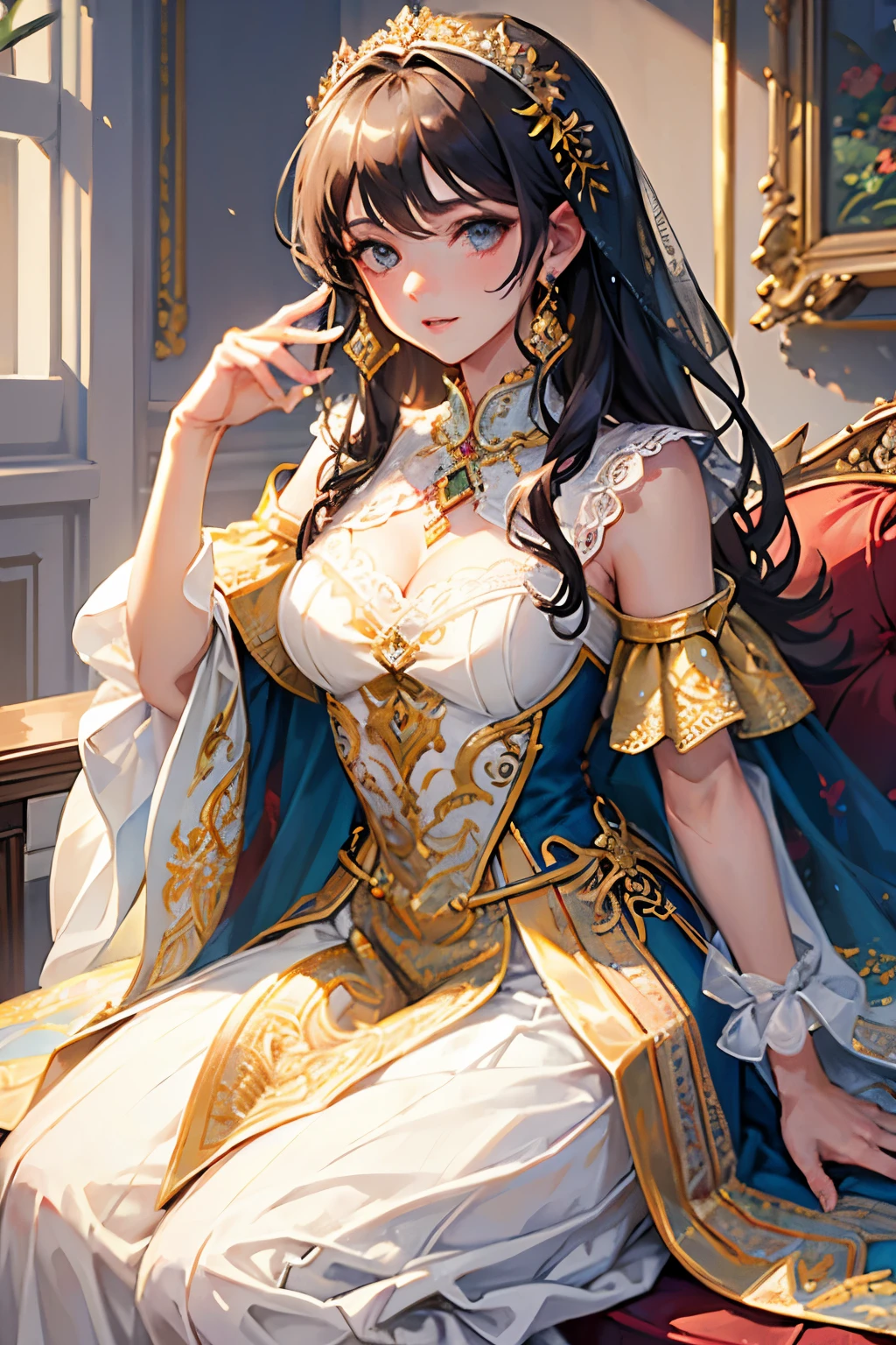 ((Anime Art Style)),(masutepiece),(Best Quality), (Super Detail),((Very delicate and beautiful)),((Full body portrait)),((Stand in the garden)),((Solo)),(((One princess in Gorgeous embroidery and jeweled very gorgeous princess Rococo ballgown with voluminous full length hoop skirt))),(enormous Crinoline Hoop Skirt),Long Train,Gorgeous embroidery and jewelry,(((very gigantic boobs,Skindentation))),((large amount of straight hair,extremely voluminous Hair,Very Long Straight Hair)),(finely detailed face and eyes),((Seductive smile,embarrassed)),(extremely gorgeousfull hair ornament,very gorgeous tiara adorned with bling-bling jewels),Glitter Gorgeous Gemstone Jewelry,Gorgeous Long Veil,(opera gloves),(Beautiful background),(Full body),((Gorgeous embroidery and jeweled gorgeous princess Rococo ballgown with voluminous full length hoop skirt)),