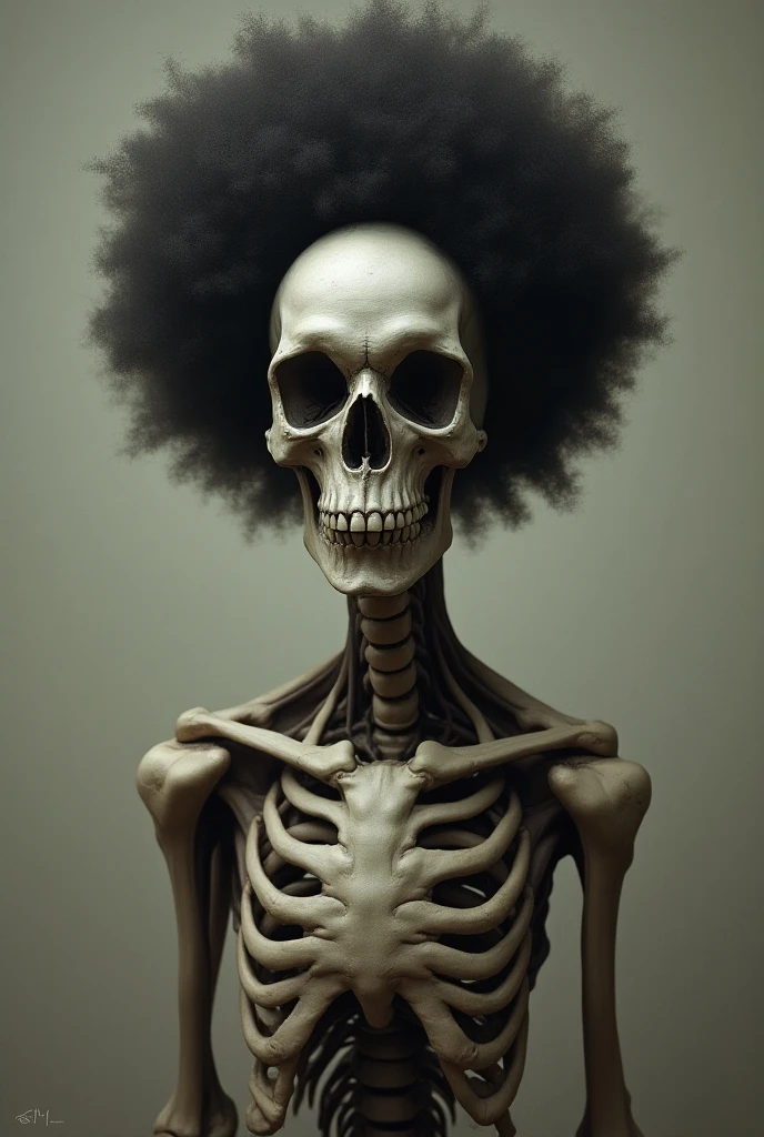 8k, best quality, high resolution, skeleton of a man, (masterpiece, high resolution, detailed), skull with black afro, skull with black afro wearing 70s sunglasses, no body, only face, looking towards you, smiling, light red background, wearing black jersey