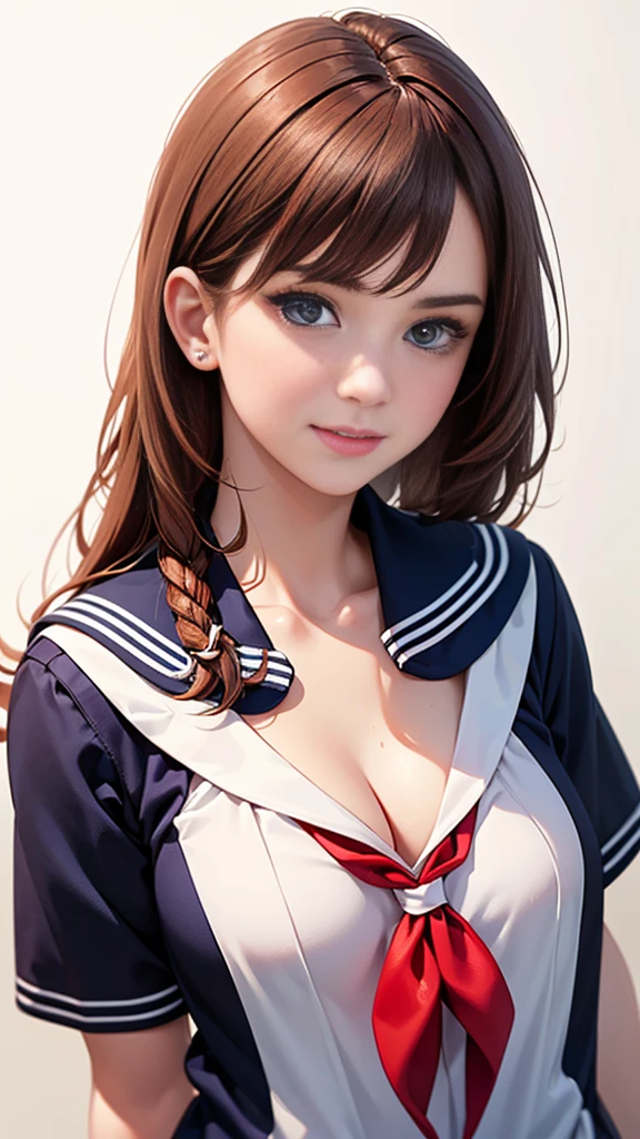 (highest quality, 8K, 32k, masterpiece, nffsw:1.2), (RAW photo), (realistic), (Photoreal:1.2), (High resolution), Super detailedな, very beautiful face and eyes, 1 girl,  round and small face, big breasts thin waist、(((small breasts)))、(((white wall background)))、slim proportions, (school uniform, sailor suit、白いsailor suit, dark pencil skirt:1.23), (bust shot)、(((redhead)))、((short sleeve sailor suit))、(Close-up、highest quality、high detail、Rich skin details、nffsw)、(highest quality, 8K,  table top:1.2), Super detailed, (realistic, realistic:1.37), (((full body shot)))、Bright colors, (((Hold your hands)))、(((sexy atmosphere)))、(((18 year old woman)))、((Bust isＤcup))、(((light brown hair)))、(((white background)))、(((cleavage)))、(((girly hairstyle)))、(((long hair)))、(((in front of a white wall)))、(((light brown hair)))、(((I put my hand on my cheek)))、(((he has an evil smile on his face)))、(((The girth of the chest is 85 cm)))、(((small breasts mischievous expression)))