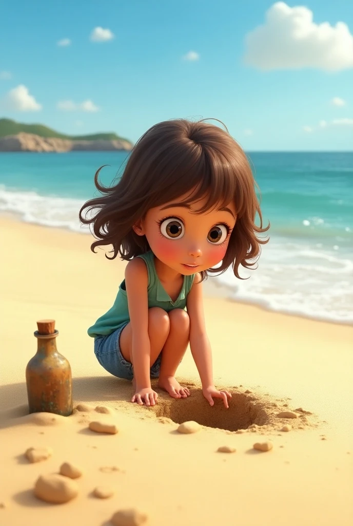 Menina com duas rochas ao fundo e mar, estilo disney pixar, alta qualidade, melhor qualidade