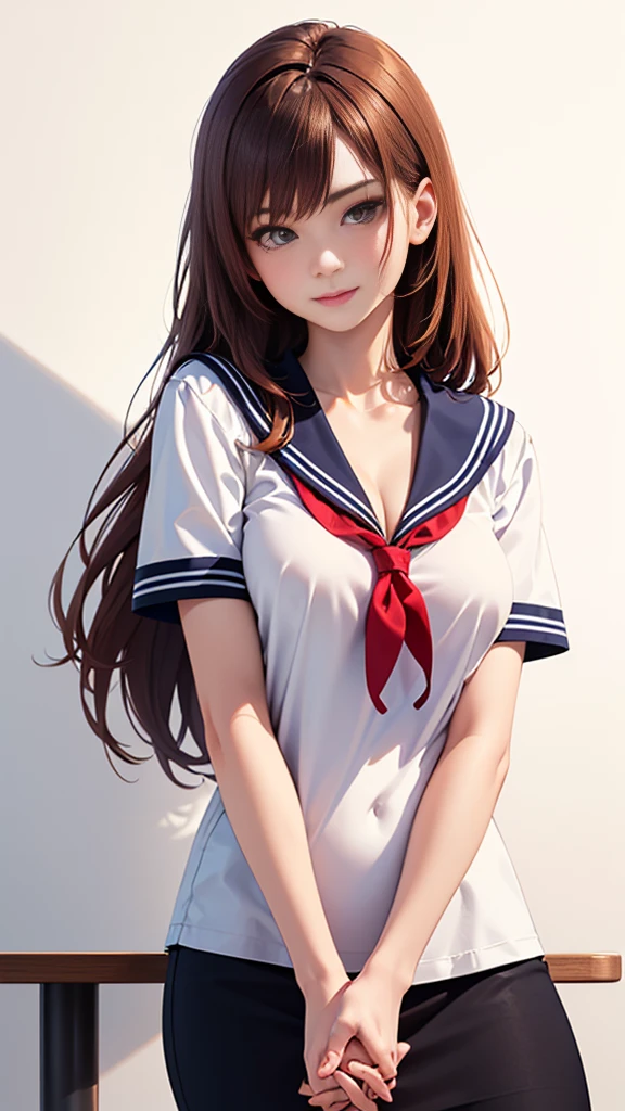 (highest quality, 8K, 32k, masterpiece, nffsw:1.2), (RAW photo), (realistic), (Photoreal:1.2), (High resolution), Super detailedな, very beautiful face and eyes, 1 girl,  round and small face, big breasts thin waist、(((small breasts)))、(((white wall background)))、slim proportions, (school uniform, sailor suit、白いsailor suit, dark pencil skirt:1.23), (bust shot)、(((redhead)))、((short sleeve sailor suit))、(Close-up、highest quality、high detail、Rich skin details、nffsw)、(highest quality, 8K,  table top:1.2), Super detailed, (realistic, realistic:1.37), (((full body shot)))、Bright colors, (((Hold your hands)))、(((sexy atmosphere)))、(((18 year old woman)))、((Bust isＤcup))、(((light brown hair)))、(((white background)))、(((cleavage)))、(((girly hairstyle)))、(((long hair)))、(((in front of a white wall)))、(((light brown hair)))、(((I put my hand on my cheek)))、(((he has an evil smile on his face)))、(((The girth of the chest is 85 cm)))、(((small breasts mischievous expression)))