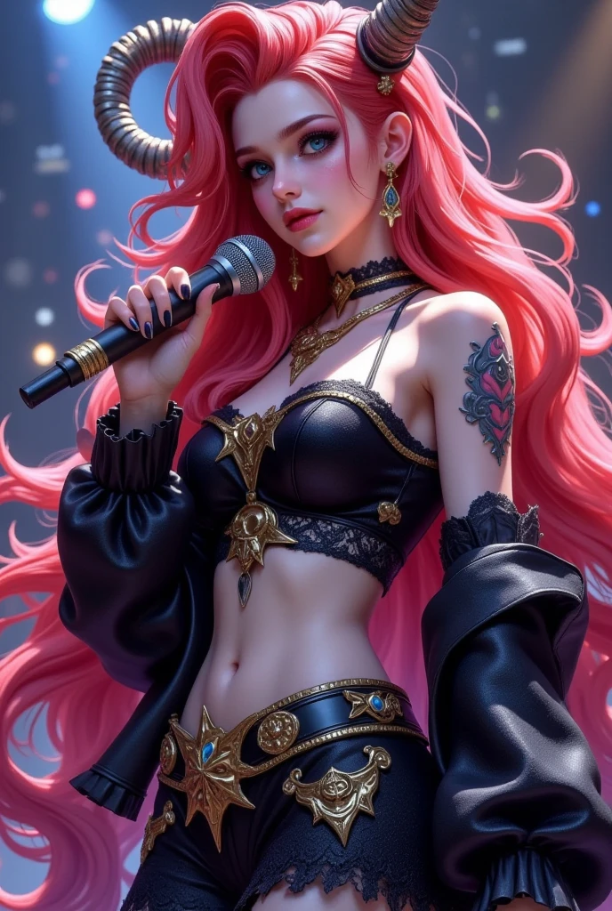 (best quality,4k,8k,highres,masterpiece:1.2),ultra-detailed,(realistic,photorealistic,photo-realistic:1.37),a beautiful female mage from league of legends with piercing blue eyes, thick voluminous red hair, a small skull headdress, professional costume design, video game character skin design, perfect body, holding a microphone, gothic art, gothic dress, black fluffy tulle, black lace, death inspired fashion and makeup, black, red, gold