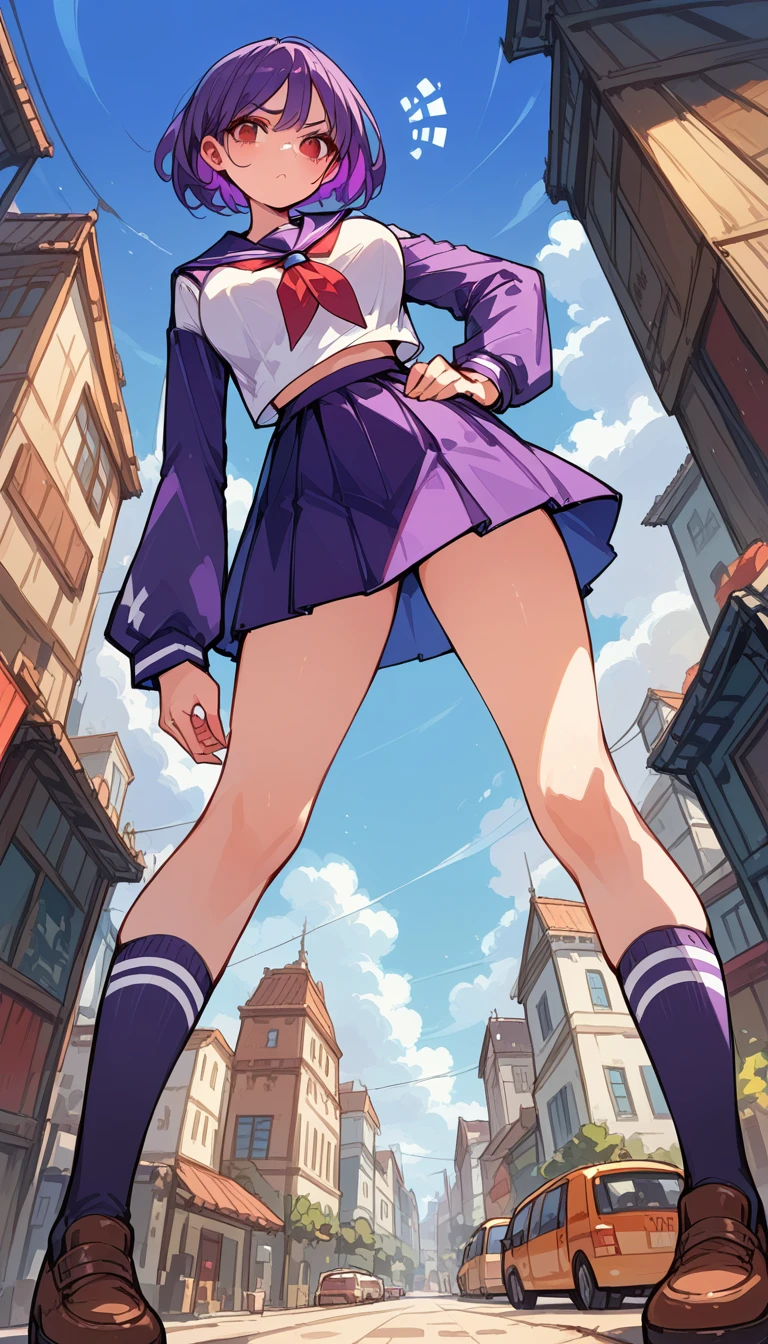 JK, blazer, Pleated skirt, White underwear, Beautifully decorated, Delicate hair ornament, Fearless smile, (The view is from bottom to top:1.2, Looking down on the audience), Back Alley, Wall Background, High resolution, masterpiece:1.2, High Detail, high quality.