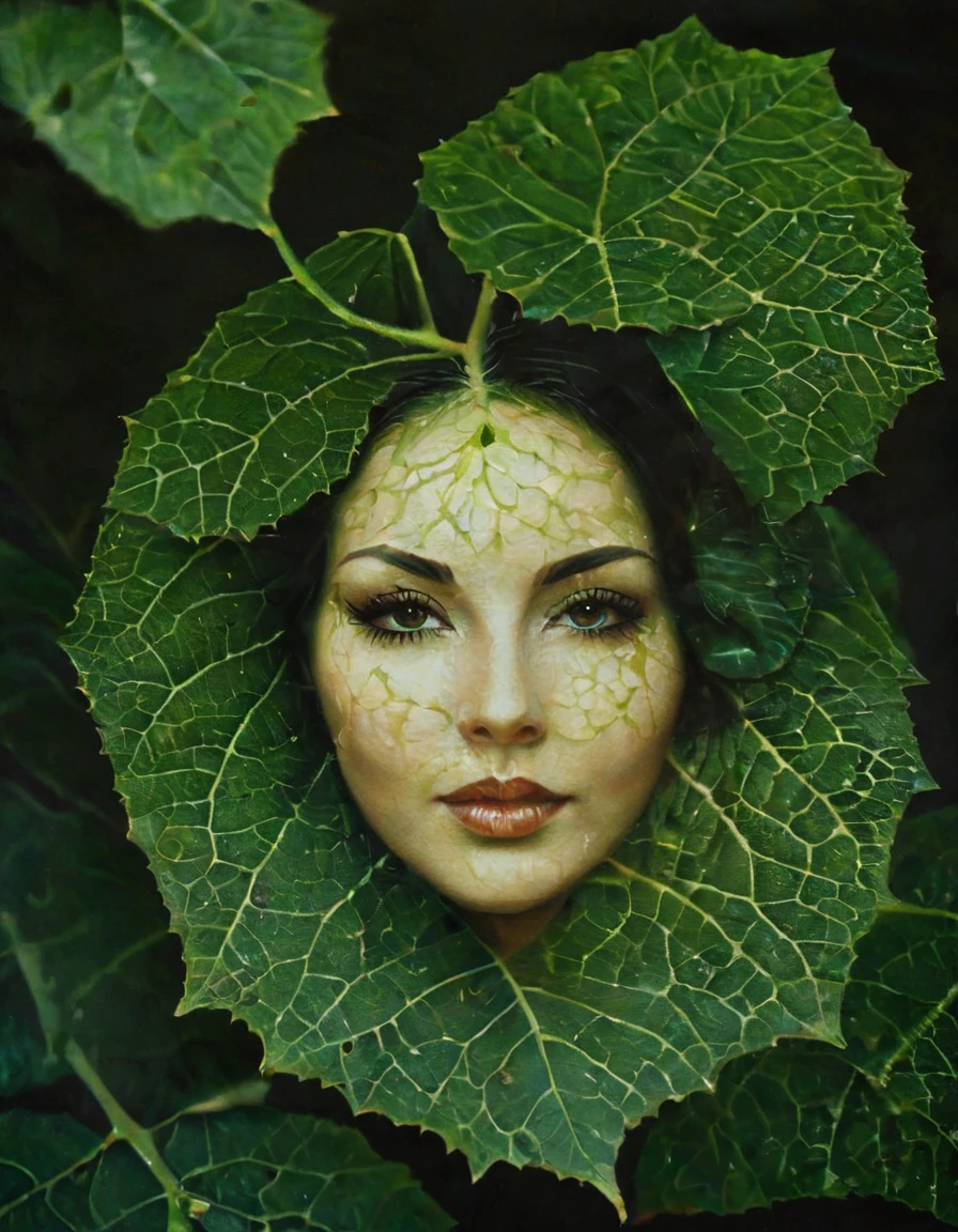 A close-up image of a leaf vein that has been transformed into a stylized image of a woman's face. The veins have been enhanced and turned into intricate patterns that resemble a work of art. The background is a dark green color.