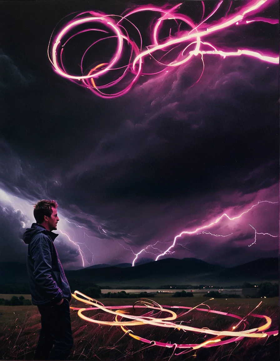 Chad is standing in front of a large piece of abstract art. The art is titled "In the Loop:0.0". The piece features several interconnected rings or loops painted in bright, inviting colors. The colors are predominantly pink. Chad is looking at the art with a sense of awe and wonder. In the distance, there is a storm brewing, with dark clouds and lightning flashes. The storm adds a sense of drama and intensity to the scene.