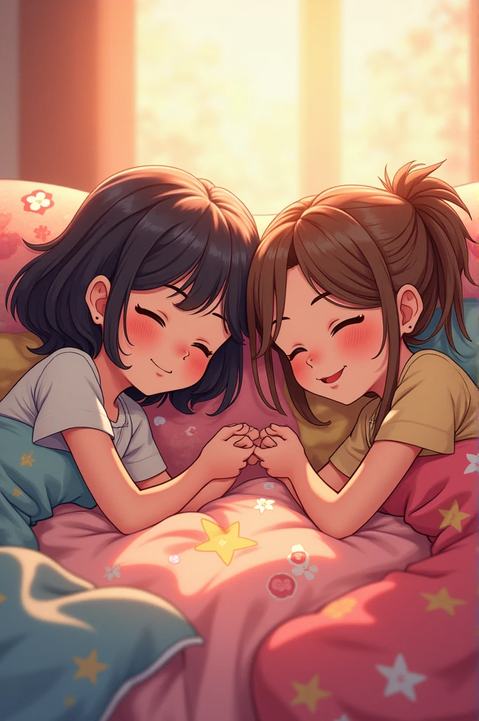 two lolies, sisters, pajamas, half-naked, children's room, bed, sex-toys, (kissing with dad), morning, filming on camera, high quality, 4k