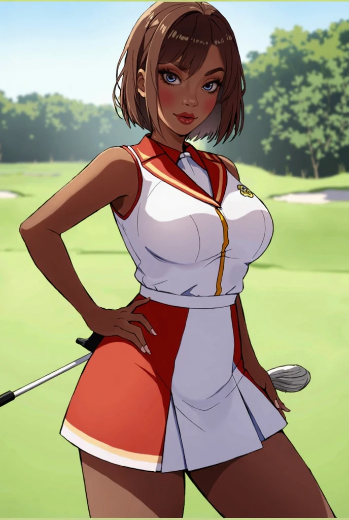 sound high resolution 8k beauty Woman playing golf Golf course Beautiful woman short hair Brown skin Golf Wear mini skirt smile looking at the camera Sunburn mark Tears victory tall