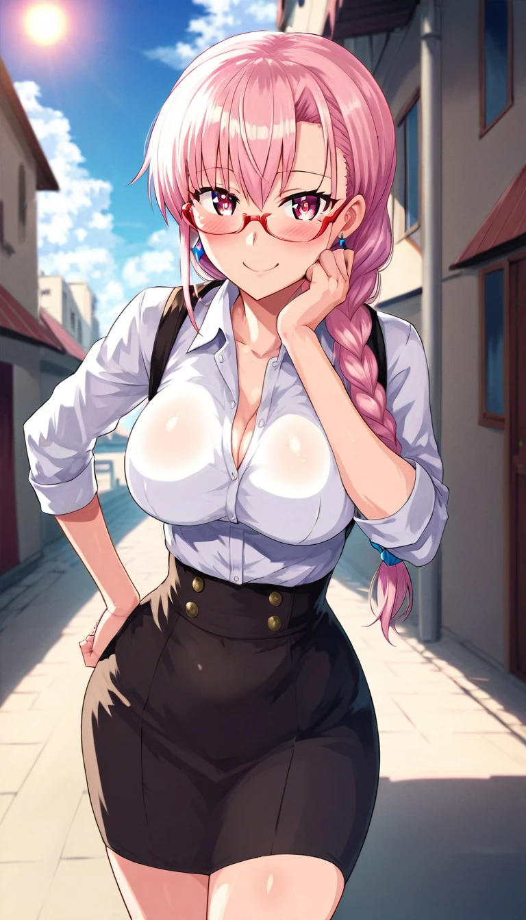 Yanagi, earrings, pink hair, long hair, purple eyes, braided ponytail, glasses, under-rim eyewear, large breasts, narrow waist, wide hips, thick thighs,
rest outdoors, city, null, cloud, sun, architecture, crowd, people々, alley, rest looking at viewer, ( cowboy shooting :1.5), (Has a gold bar, battle scene 1.3) rest (masterpiece:1.2), Best Quality,  high definition,  unity 8k Wallpaper , (Illustration:0.8), (beautiful deふとももed eyes:1.6), extremely deふとももed face, perfect lighting, extremely deふとももed CG, (Perfect hands,  Perfect Anatomy ),