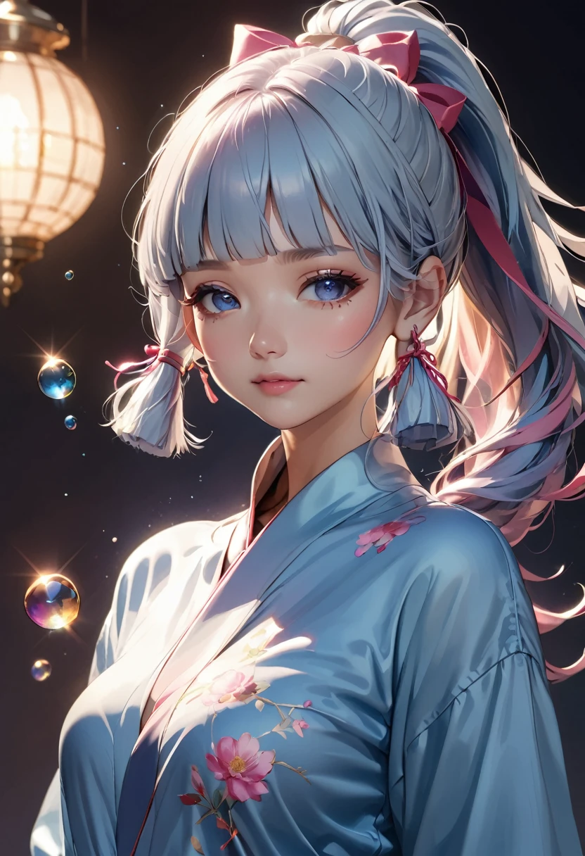 (masterpiece), (best quality), (ultra detailed),(disheveled hair),(illustration), (1girl), (Fashionable clothing), standing, Fashion model, looking at viewer, (interview), (simple background),beautiful detailed eyes, delicate beautiful face, Floating,(high saturation),(colorful splashes),colorful bubble,(shining), focus on face,  ponytail, kamisato ayaka, light blue hair, bangs, hair ring, floating flowers, floating hairs, (shining), best lighting, best shadow,