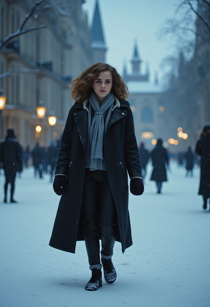 ((masterpiece)) ((photography)) ((Highest quality)) A realistic winter scene of a young Hermione Granger walking alone in the snow, bundled in a warm scarf and coat, her curly hair slightly tousled by the wind. The majestic Hogwarts castle stands in the background, partly covered in snow, with tall towers and glowing windows piercing through the cold twilight. Snowflakes gently fall around her, creating a magical, serene atmosphere. Hermione’s expression is thoughtful as she walks through the snowy landscape, with footprints trailing behind her on the fresh, untouched snow.