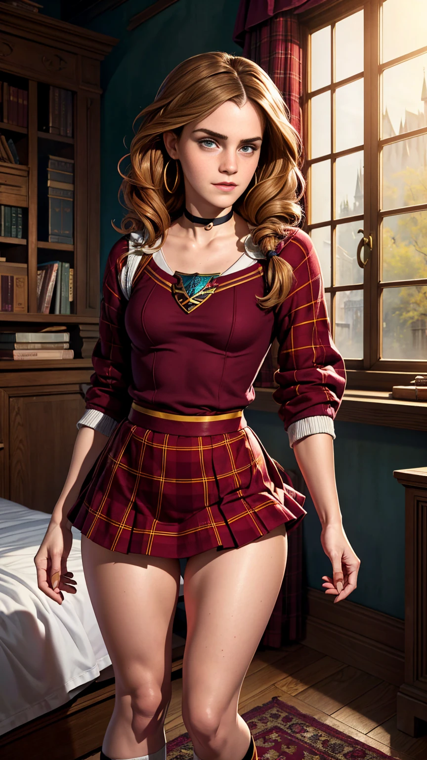 ((Emma Watson as Hermione Granger)), sexy **** girl, braids, girl, beautiful, beautiful face, pale skin, freckles, ((curly brunette hair)), water green eyes, big lips, thick lips, parted lips, light pink gloss, skinny thighs, petite body, skinny, choker, Large hoop earrings, ((maroon plaid micro skirt)), white ruffled tight knee high socks, sweaty, perfect eyes, detailed and expressive, detailed eyes, 35mm photograph, ((standing in a sexy pose)), realistic image, open legs, skinny legs white open, sexy thighs, shocked expression, her thighs, she feels so good, caressed, Excited, touching, hand between her legs, small breasts, open legs, no panties, big smile, ((Hogwarts bedroom)), magic text books on shelves, large window with iron panels, on knees kneeling, smile