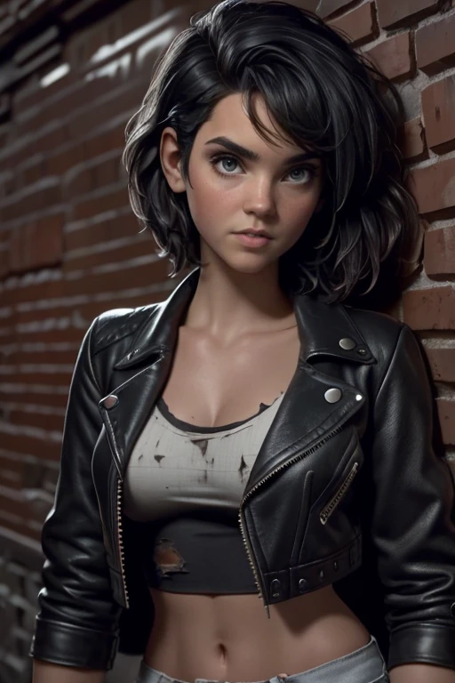 best quality, upper body,intricate details, chromatic aberration,1girl, pixie hair, black hair, messy hair, cinematic lighting, gothic makeup, sharp eyes,white eyes,croptop, torn jeans legwear, open jacket,against wall, brick wall, graffiti, dim lighting, alley