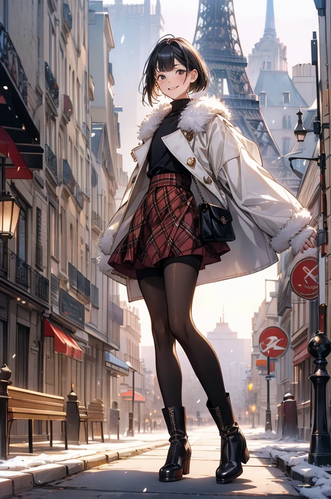 Best Quality, (1 person:2.0), Neutral Men's ,(  flat chest:1.3),(7 heads), Black Hair ,( Bob Cut Hair), White High Neck Sweater ,( red plaid flared skirt:1.2),( white fur coat with short skirt :1.2),(black pantyhose),  long boots for stepping on bread,full body shot,Take steps in a fun way,Beautiful cityscape,(parisian street with cafe:1.3),wind,Tree-lined street that makes you feel like winter , dye your cheeks red,( happy smile), soft writing