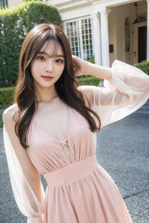8K, masterpiece, Raw photo, highest quality, realistic, extremely detailed CG unity 8K wallpaper, Depth of the bounds written, cinematic light, Lens flare, ray tracing, (very beautiful face, beautiful lips, beautiful eyes), face with intricate details, ((highly detailed skin)) 1 girl, in the dark, deep shadow, cute asian girl, Idol,(Very slim and slender fit muscular body:1.3), ((looking at the viewer)),(big smile:1.3), (cityscape, blurred background), (dim light, rooftop, balcony), pretty girl, earrings, bracelet, necklace, clear eyes, walk , front shot, (pale skin), look forward, (Big eyes), ((full body shot)), ((Black silk)), ((See-through red color sleeping gown:1.3)), (brown hair) (looking at the viewer:1.3), (lace ), open chest, medium breasts , (See through, Pink sleepwear :1.3), balcony
