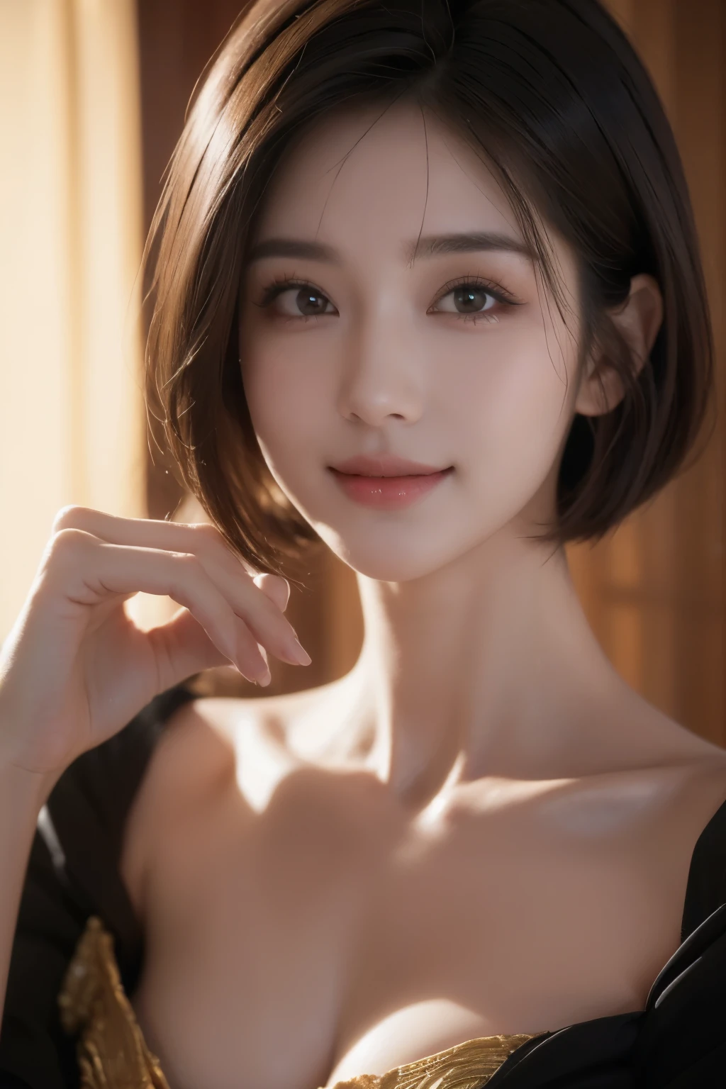 (masuter piece:1.3)、(8K、Photorealsitic、Raw photography、top-quality: 1.4)、(1girl in)、beautiful countenance、(Lifelike face)、(A dark-haired、short-hair:1.3)、Beautiful hairstyle、realisticeyes、Beautiful details、（real looking skin）、Beautiful skins、（Black shirt：1.6）、absurderes、enticing、超A high resolution、A hyper-realistic、high-detail、the golden ratio、Villain's smile