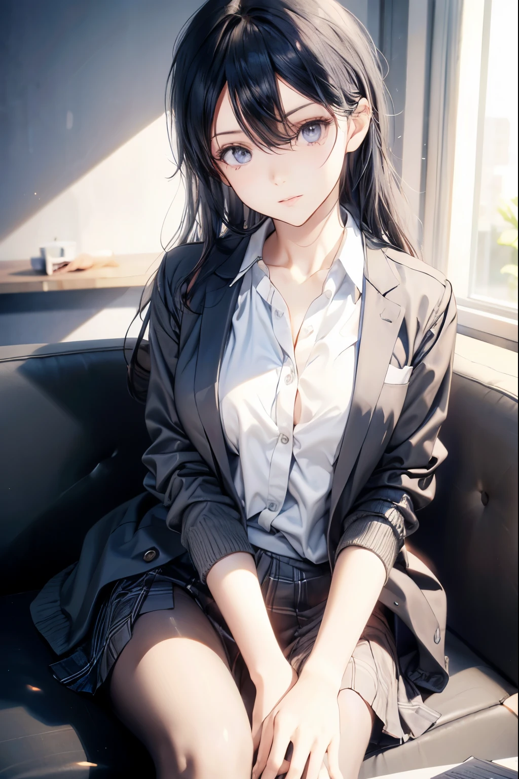 20 year old female、very pretty、OL、While working in the office、Front facing、Close-up、squatting in the hallway、picking up dropped documents、(official art、highest quality、unity 8k wallpaper、32K、masterpiece、Super detailed、ultra high resolution、realistic、Photoreal:1.2)、(cinematic lighting:1.2)、best shadow、rim lighting、side light、(Highly detailed and complex 3D rendering)、computer、bright hair color、panicked look, white shirt、Tight Skirt、cardigan、sitting in a chair、pantyhose