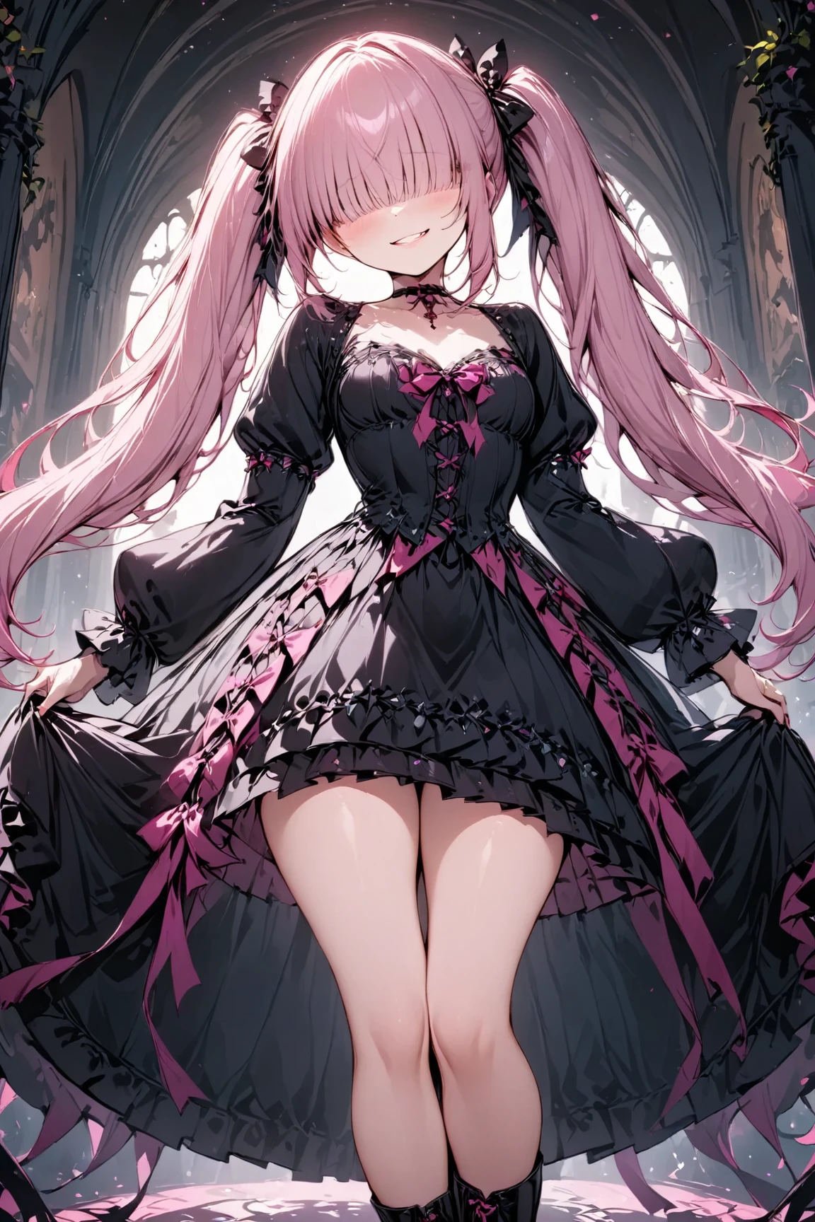 One young and beautiful woman,(Best Quality, Extremely Detailed Description , incredible high definition,High quality anime drawings),( intricately made pink and black gothic dress,Fluttering skirt,ribbon, choker,, pink and black long boots ),( pink hair:1.3, Twin Tails, eyes hidden with bangs :1.3,Long bangs:1.3, bangs extend below eyes:1.3,Thin chest,Beautiful legs, curvy body),(smirking laugh :1.3,Model pose:1.3,),(Full body image:1.3),