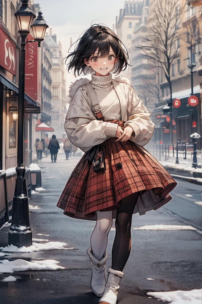 Best Quality, (1 person:2.0), Neutral Men's ,(  flat chest:1.3),(7 heads), Black Hair ,( Bob Cut Hair), White High Neck Sweater ,( red plaid flared skirt:1.2),(Down coat with white fur:1.2),(black pantyhose),  long boots for stepping on bread,full body shot,Take steps in a fun way,Beautiful cityscape,(parisian street with cafe:1.3),wind,Tree-lined street that makes you feel like winter , dye your cheeks red,( happy smile), soft writing