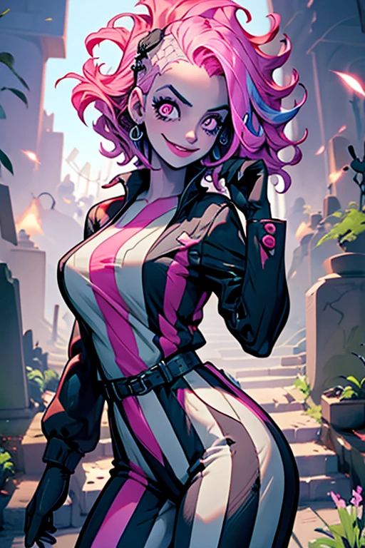 Perfect face. Perfect hand. A pink haired woman with an hourglass figure in a sexy Beetlejuice suit is posing in the cemetery with a big smile
