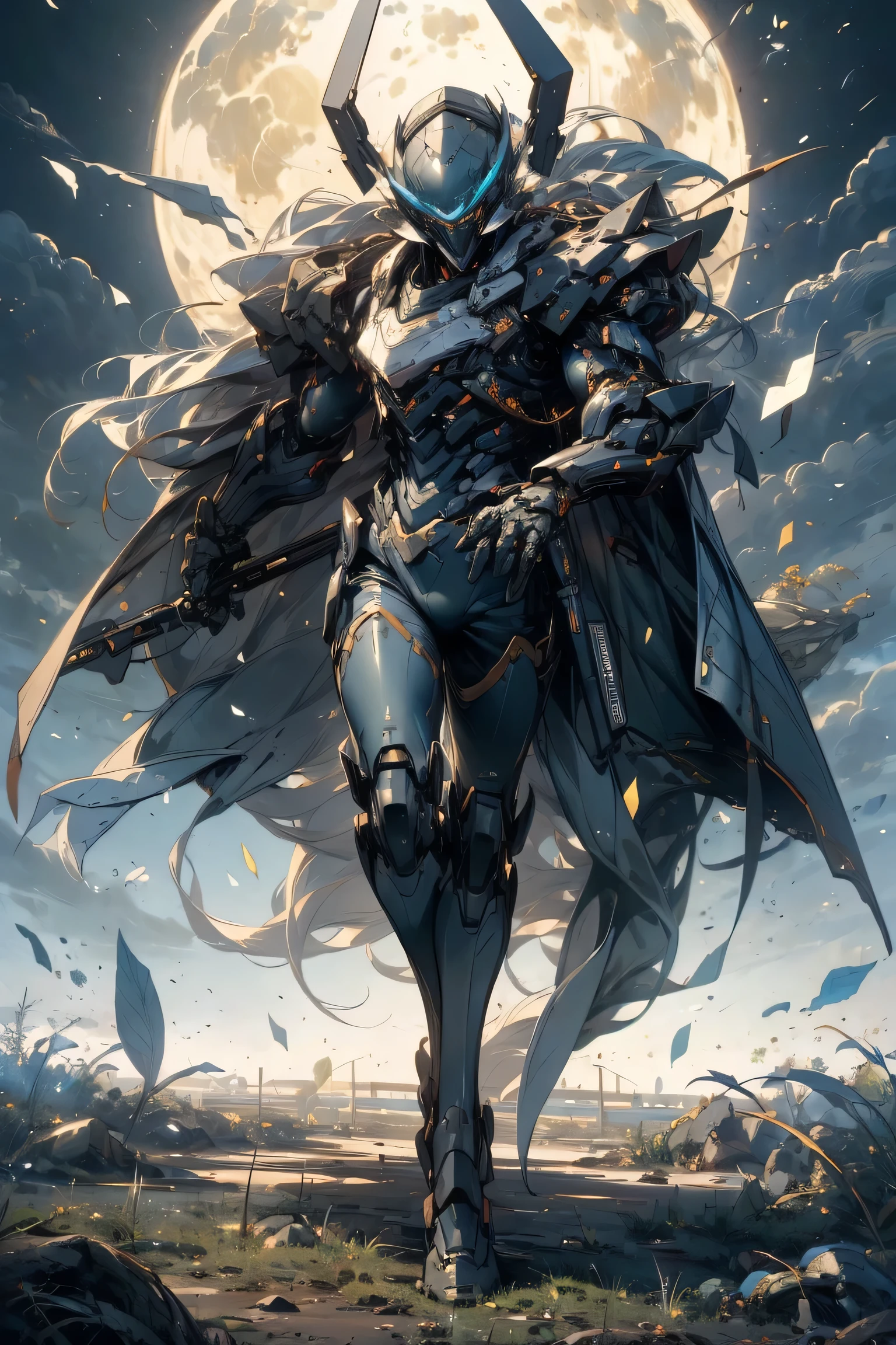 (battle), (Muscular man), Alone, headgear, full armor, cyber punk, ((machine man)), mecha, (Unreal Engine 5, High image quality, best quality, high definition, Super detailed, extremely delicate , professional, anatomically accurate, creativity, RAW Photos, 超 high definition, 32K, Natural Light, Movie Lighting, masterpiece-anatomy-perfect, masterpiece:1.5), Leaves are dancing in strong winds , The cloak is fluttering in the wind, Demon, Blue Moon, full moon, moonlight