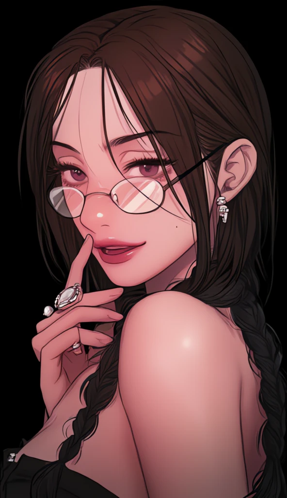 Prompt: 1girl, solo, long hair, looking at viewer, black hair, bare shoulders, jewelry, braid, glasses, mole, twin braids, lips, fingernails, eyelashes, mole under eye, makeup, piercing, ring, black background, gem, portrait, beads, realistic, red lips, pearl \(gemstone\), multiple braids