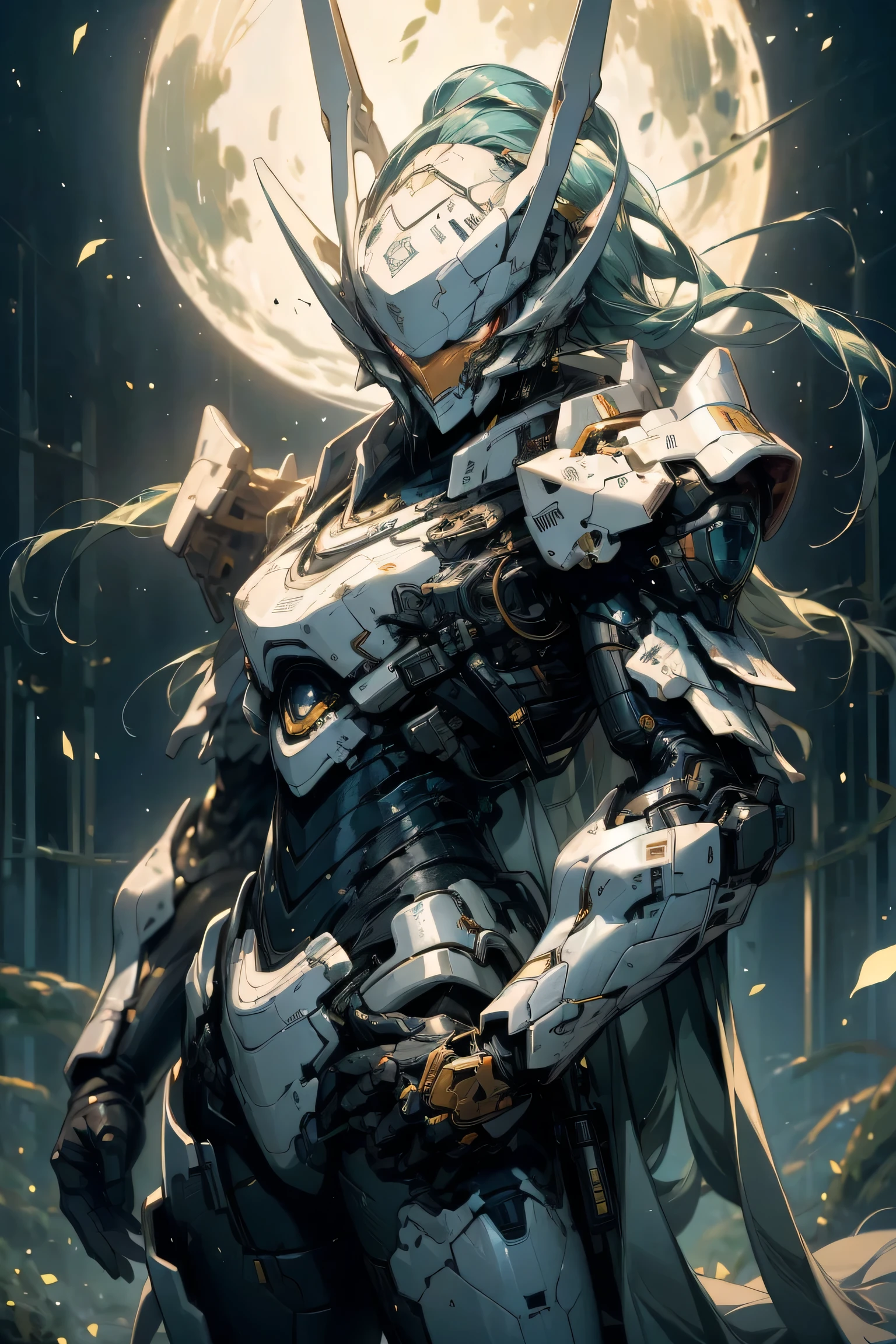 (battle), (Sexy Woman), Alone, headgear, full armor, cyber punk, ((machine man)), mecha, (Unreal Engine 5, High image quality,  best quality,  high definition, Super detailed,  extremely delicate , professional,  anatomically accurate, creativity,  RAW Photos, 超 high definition, 32K, Natural Light,  Movie Lighting, masterpiece-anatomy-perfect, masterpiece:1.5), Leaves are dancing in strong winds , The cloak is fluttering in the wind, Demon, Blue Moon, full moon, moonlight
