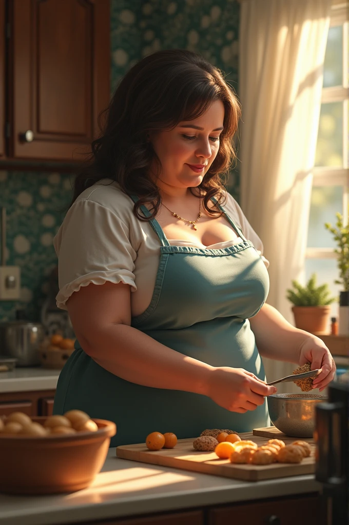 a woman, with a (morbidly obese build), large breasts, bun for hair, cooking, (nude under an apron), being overweight, Working in the kitchen, full body, in kitchen room