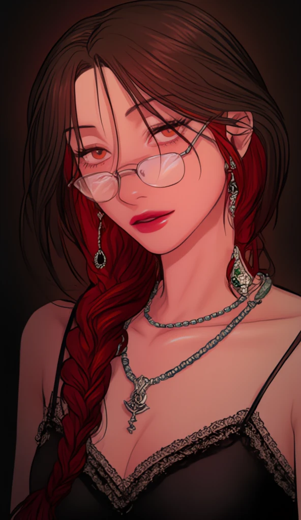 Prompt: 1girl, solo, long hair, looking at viewer, black hair, bare shoulders, jewelry, braid, glasses,mullet hairts eyelashes,brown skin,in, makeup, piercing, ring, black background, gem, portrait, beads, realistic, red lips,red hair