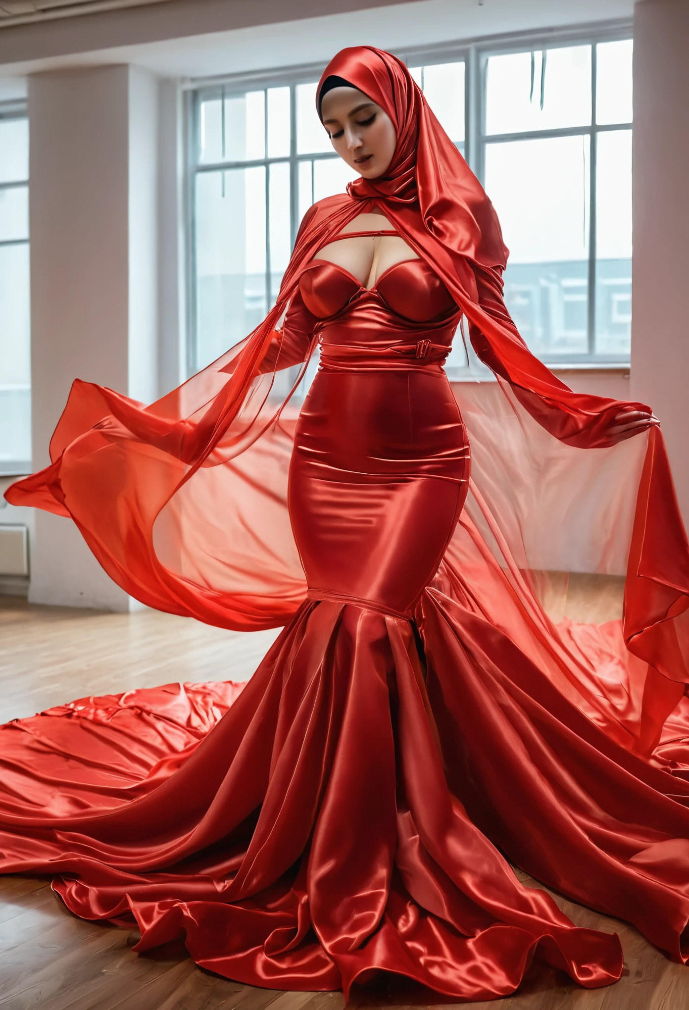 A woman shrouded in a 8-meter-long, plush red transparent satin cloth, slim body with big breast,tightly bound and grandly draping along the form of her body, flowing off into a pooled floor-length train, styled in a mermaid-inspired outfit, her head modestly veiled in a satin hijab, dancing in office, a full-body pose conveying a sense of elegance, captured in a 4k resolution, ultra-realistic