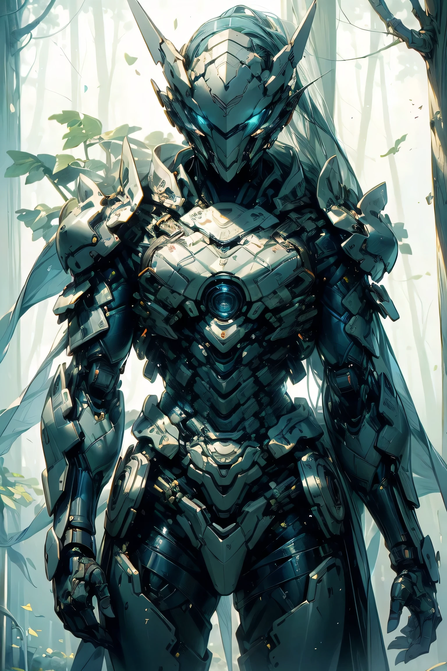 (battle), (Young Woman), ( belly button visible ), Alone, headgear, full armor, cyber punk, ((machine man)), mecha, (Unreal Engine 5, High image quality,  best quality,  high definition, Super detailed,  extremely delicate , professional,  anatomically accurate, creativity,  RAW Photos, 超 high definition, 32K, Natural Light,  Movie Lighting, masterpiece-anatomy-perfect, masterpiece:1.5), Leaves are dancing in strong winds , The cloak is fluttering in the wind, Demon, Blue Moon, full moon, moonlight