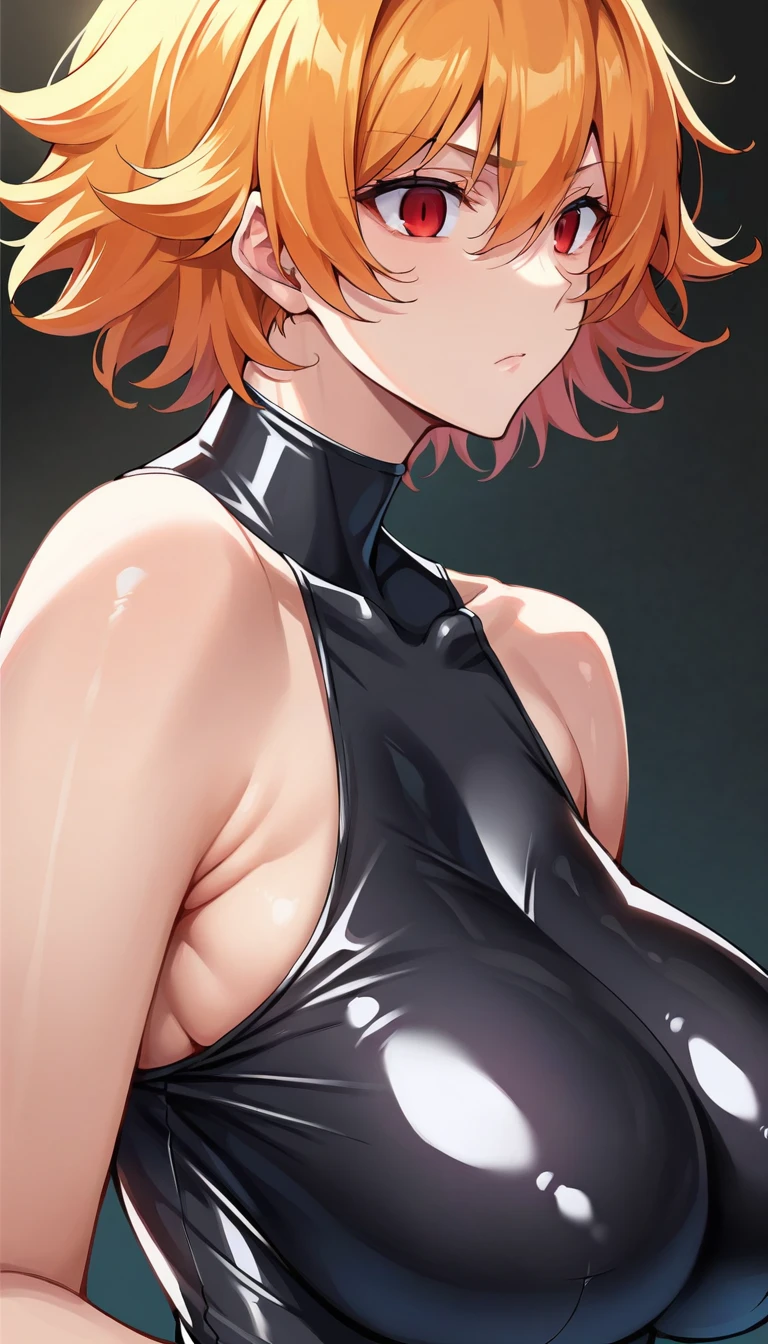 score_9, score_8_up, score_7_up, score_6_up, score_5_up, score_4_up, BREAK source_anime, IgawaSakura, 1girl ,orange hair, short hair, flipped hair,,huge breasts, leotard, ((black rubber tight)), shiny skin,Red eyes, glowing eyes,Expressionless,((stand up)), corruption, empty eyes, no pupils, Combatant, (evil depravity), black background, simple background,