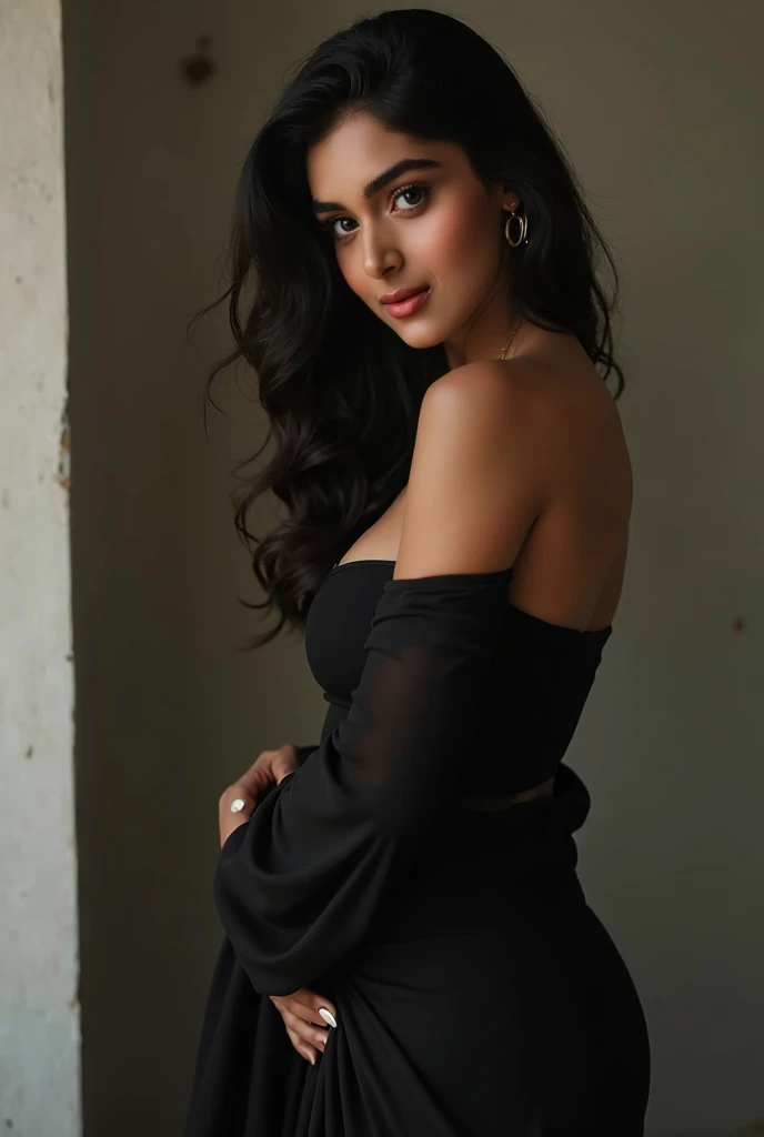 1girl 19 year old, solo, long hair, breasts, looking at viewer, black hair, bare shoulders, brown eyes, jewelry, full body, necklace, off shoulder, sweater, lips, realistic, nose, flirting with camera