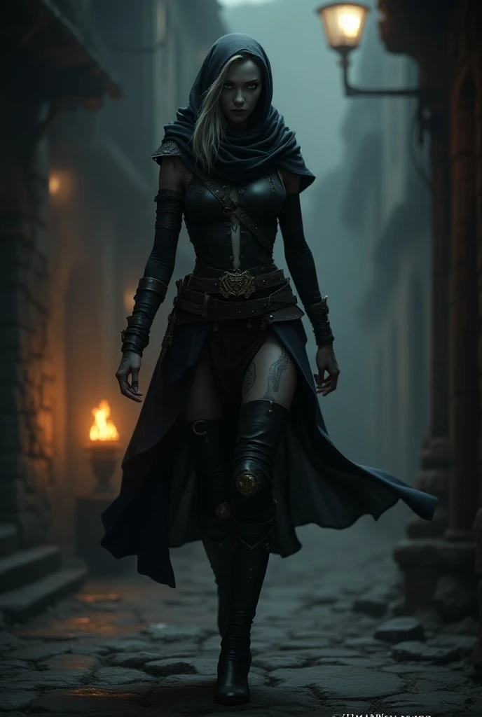 female rogue leaning on the wall in the dark precinct, black leather armor with silver elements, black hood, holding detailed dagger, white hair, highly detailed, detailed eyes, masterpiece