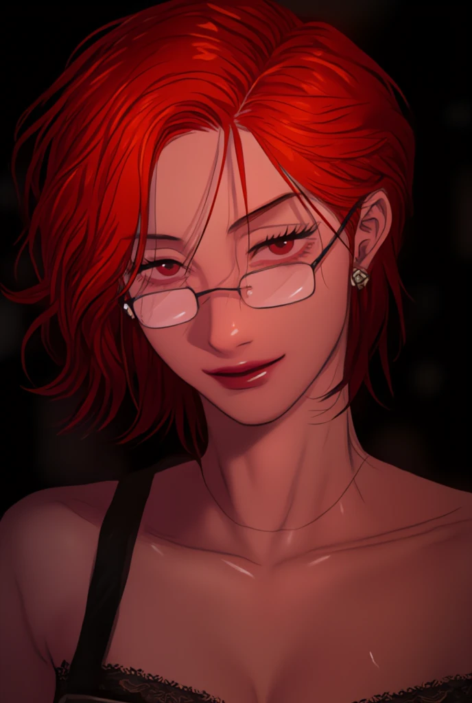 Prompt: 1girl, solo, looking at viewer, glasses,mullet hair style, eyelashes,brown skin,in, makeup, piercing, ring, black background, gem, portrait, realistic, red lips,red hair,brown skinned,dark skin,tanned,crop top