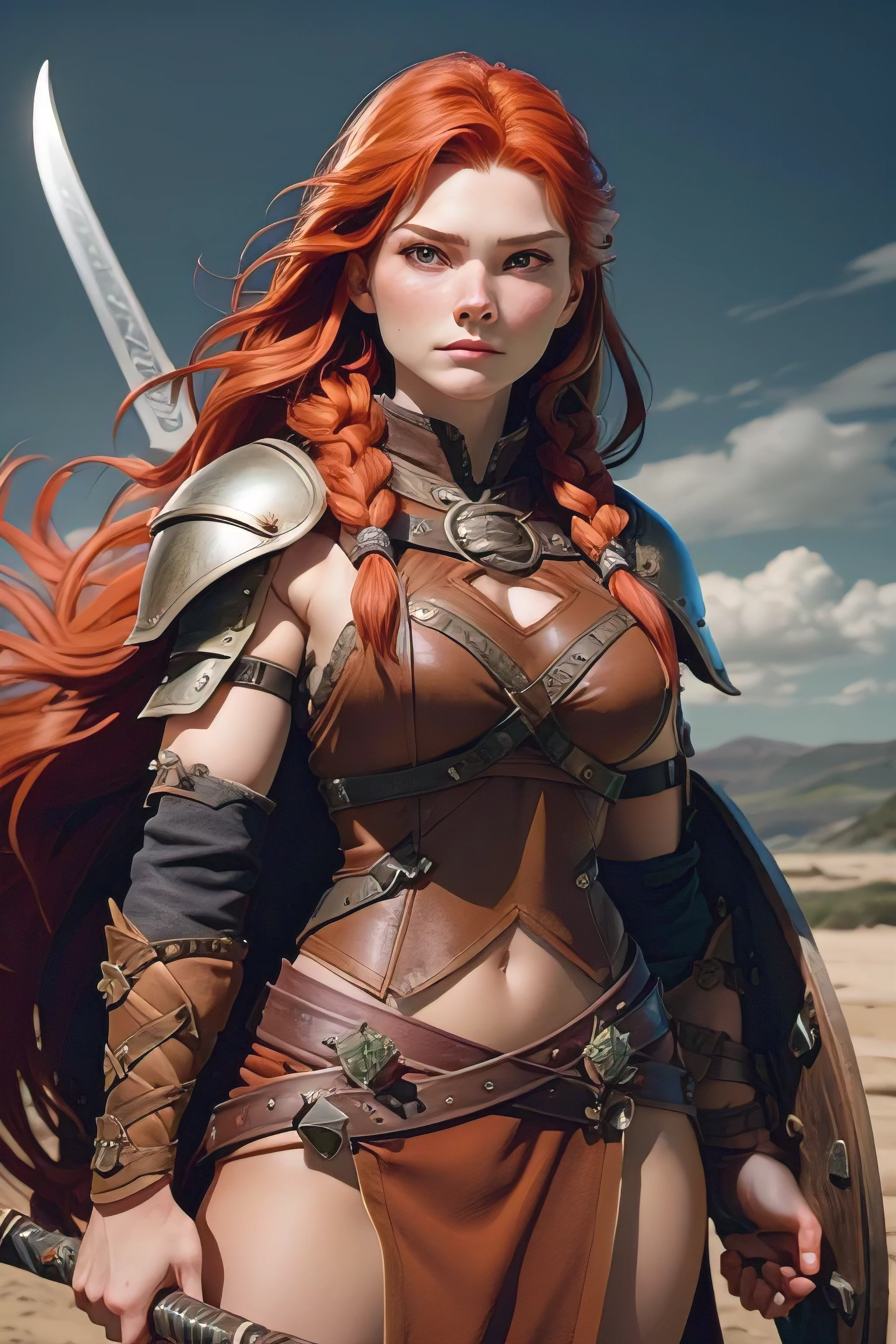 woman young, Red-haired warrior, long hair gathered in a single braid, freckles on the face, mix of Nordic and Celtic themes, armed with long sword and round wooden shield, wearing medium leather armor with fur linings and Celtic and Norse knots, ,  very detailed , highest quality. No background.