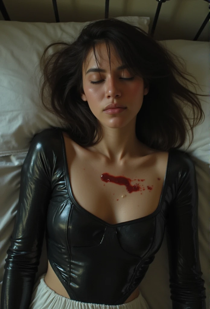 The woman in latex rubber suits lies on her back, eyes closed on the bed. There is a puncture wound on the dress where the chest is a small wound, bleeding holes on the wound hole.