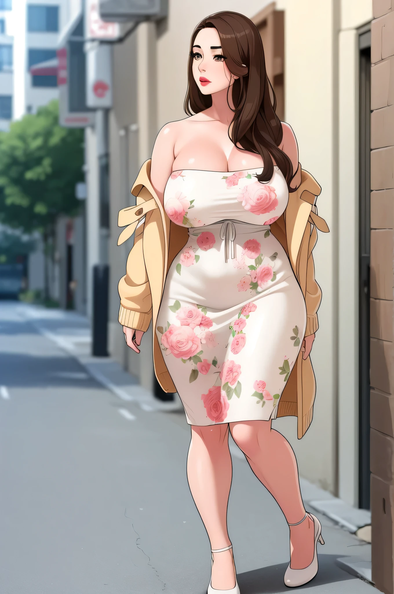 An sexy busty curvy thin woman with an extremely beautiful cute face, light brown long hair, fair skin, big brown eyes, wearing a long sleeveless white floral dress with V neckline, a brown cardigan worn in an off-shoulder style and white heels. Standing, standing straight, plain expression, street in background, show full body.